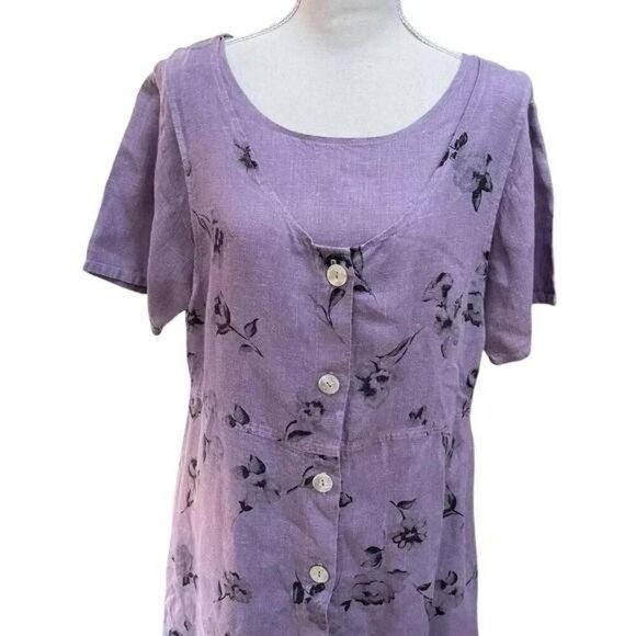 Vintage 1990s Linen Floral Tunic Maxi Dress Set – Purple, Short Sleeve, Made in - Picture 3 of 13